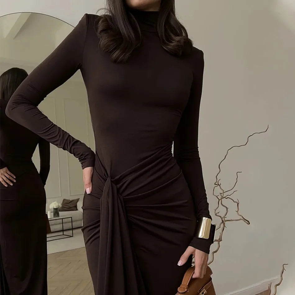 Women‘’s Dresses Autumn and Winter Fashion Sexy High-neck Long-sleeve Solid Color Dress with Waist Tie Club Long Dress