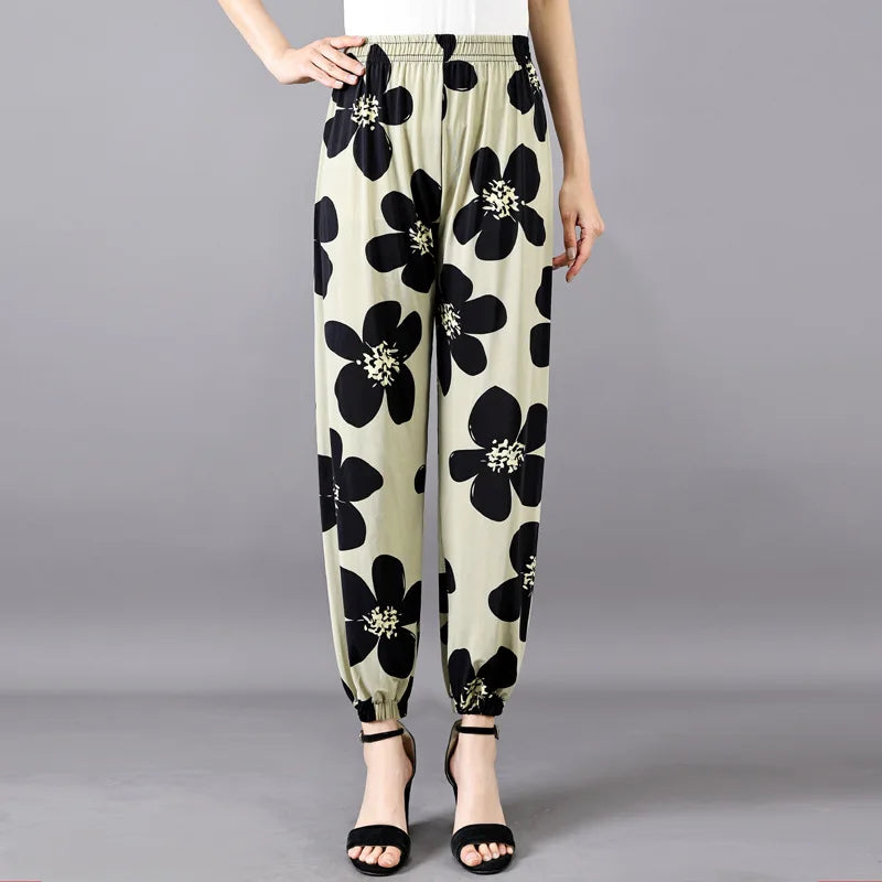 High Waist Floral Pants Straight Leg Home Leisure Women's plus Size High Elasticity Air Conditioning Pants Casual Trousers