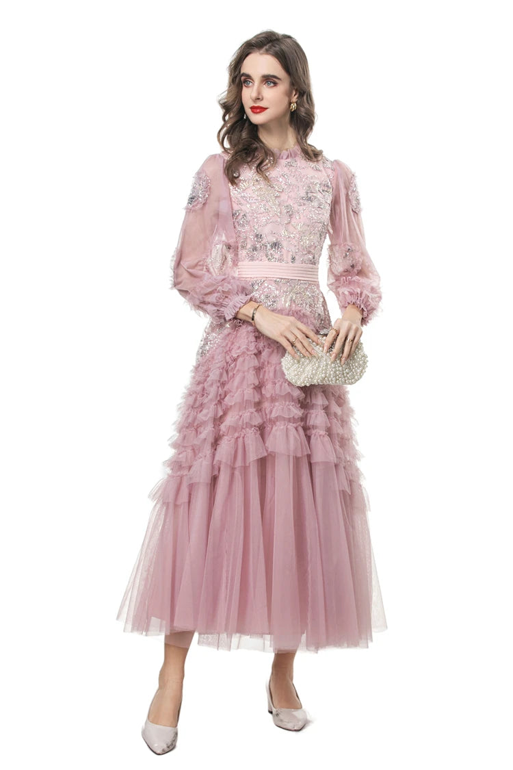 Women's Dresses O Neck Long Sleeves Beaded Tiered Ruffles Elegant Designer Lolita Party Vestidos