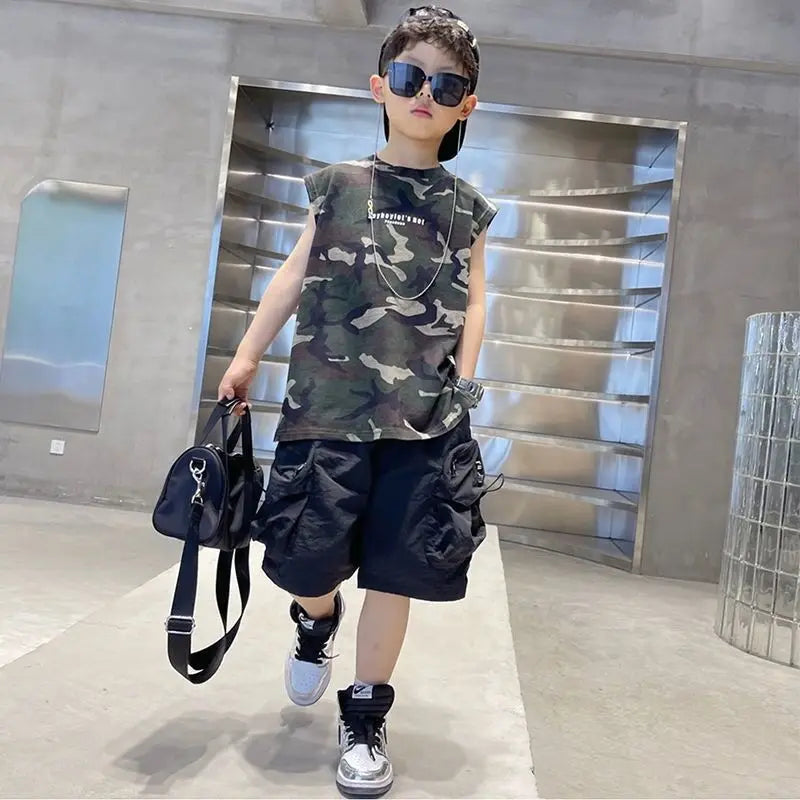 Boys Camouflage Vest Set Summer New Style Children's Sleeveless T-shirt Shorts Two Piece Set