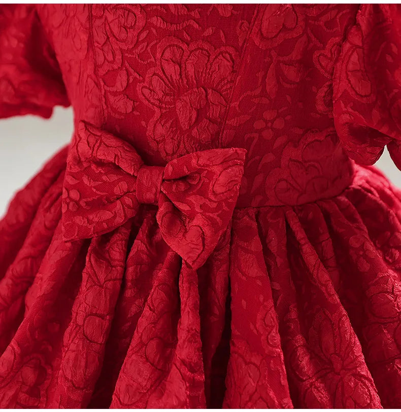 New Bubble Sleeve Girl's First Year Dress Wedding Flower Girl's Birthday Dress Bowknot Sweet Lovely Puffy Dress