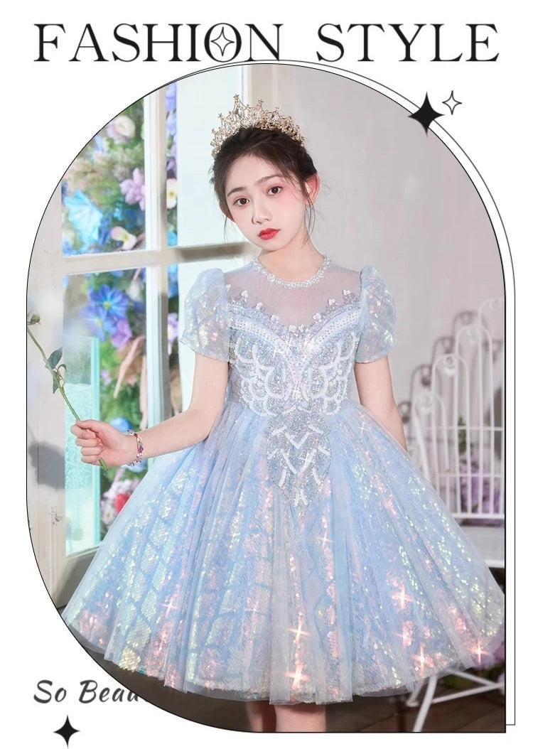 Party Dress Blue Girls Puffy Princess Dresses New Kids Gown Birthday Host Piano Recital Outfit Pageant Performance Formal Wear