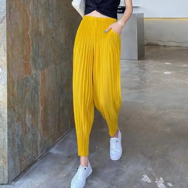 Women's Pants Miyake pleated casual small leg slimming look nine point harem pant summer thin versatile light tight Capris