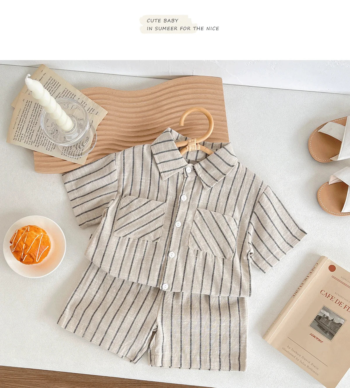 Set Children Unisex Summer New Style Cotton Stripe Pocket Shirt Polo Collar Shourts Fashion Casual Brief Versatile Korean