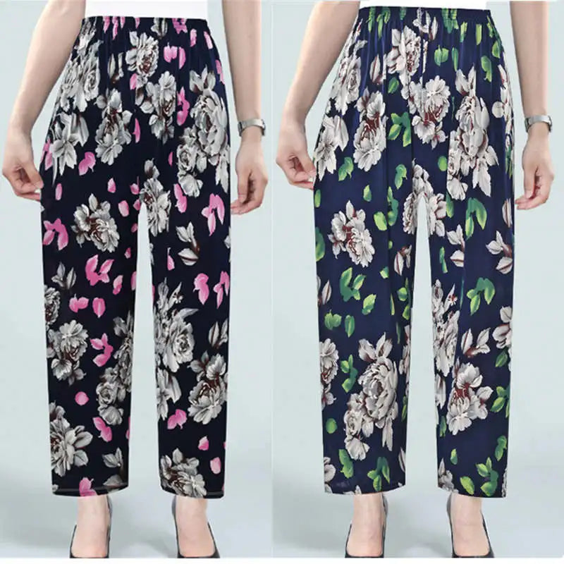 Summer Ladies Ice Silk Loose Casual Home Pants Elastic plus Size Mom Square Sports High Waist Straight Leg Length Nine Points