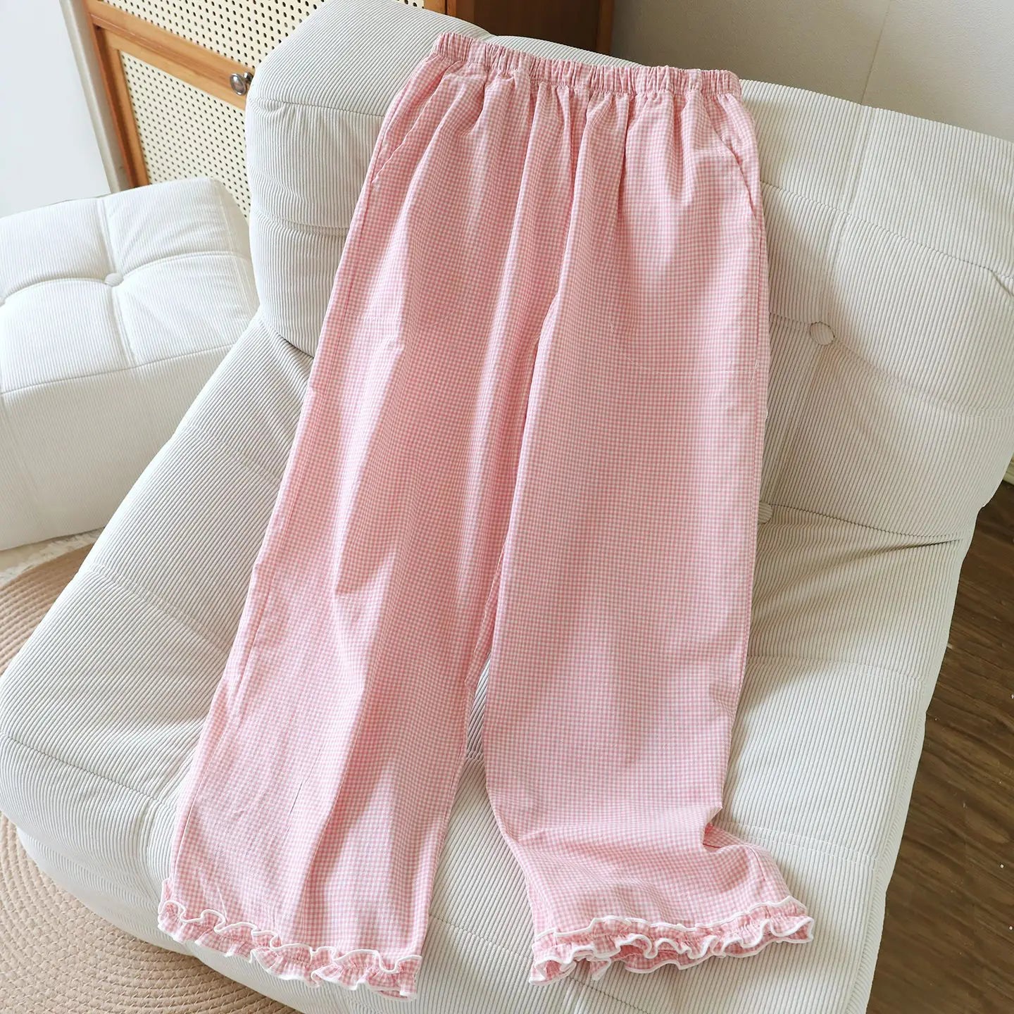 Spring and Summer Thin Loose Size Plaid Design Women's Pajama Pants Elastic Waist Casual Homewear Women Nine-point Trousers