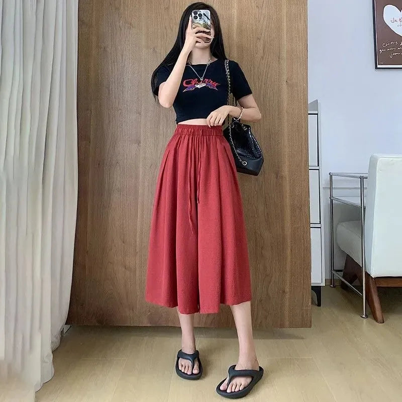 Summer Ice Silk Wide Leg Pants Women's Loose Casual Long Trousers High Waist Korean Sle Polyester Fiber Drapey Sumi Pants