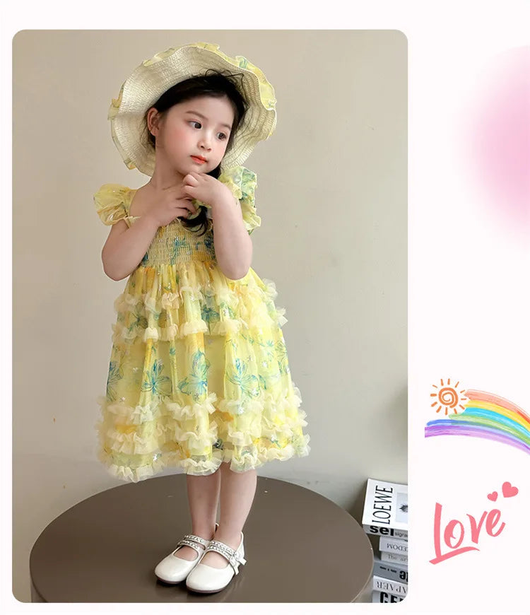 Girl Summer Mesh Dress Doll Baby  Kids Back Butterfly Flower Suspender Princess Dress Fashion Casual