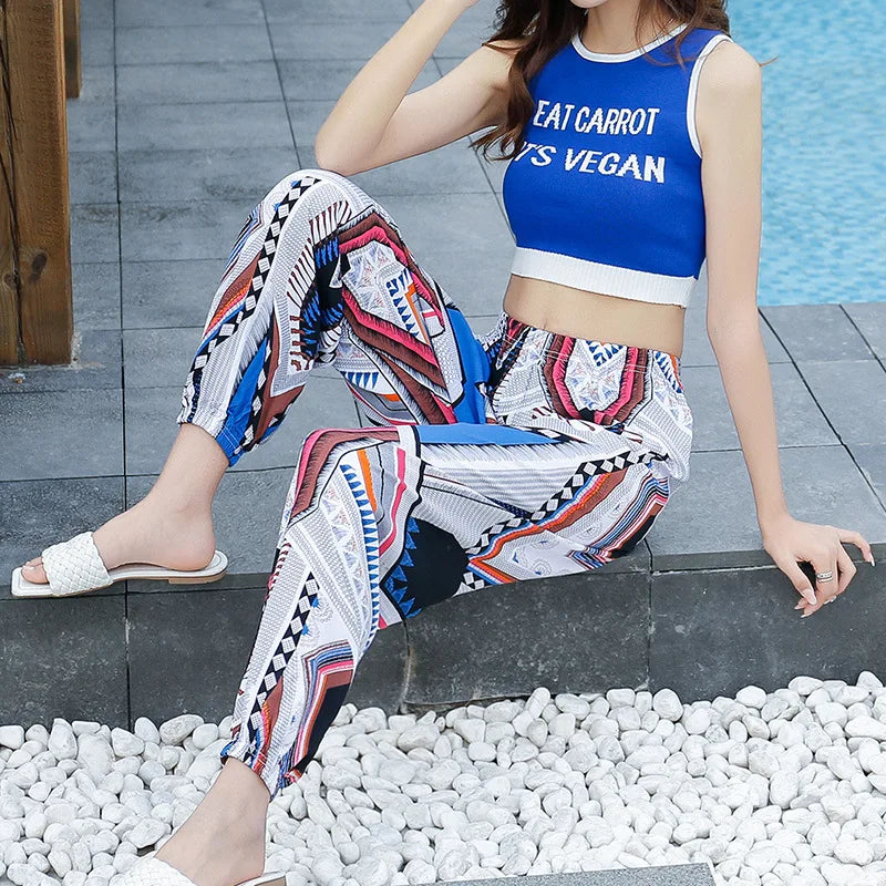 Women's Mosquito-proof Cotton Silk Beach Summer Casual Flower Pants Artificial Cotton Summer Sleeping Pants Thin Adult Bloomers