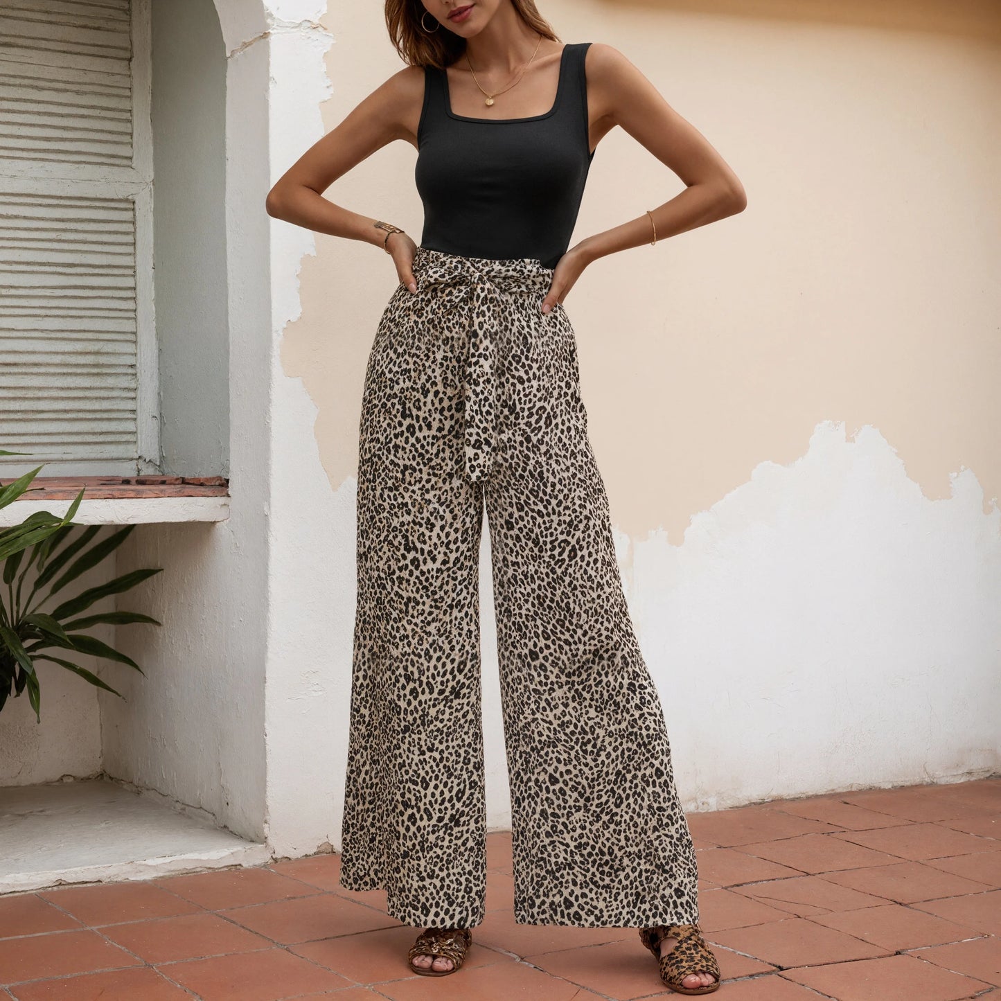 Women Sexy Leopard Print Wide Leg Pants High Waisted Elastic Flowy Palazzo Trousers Summer Boho Vacation Casual Bottoms