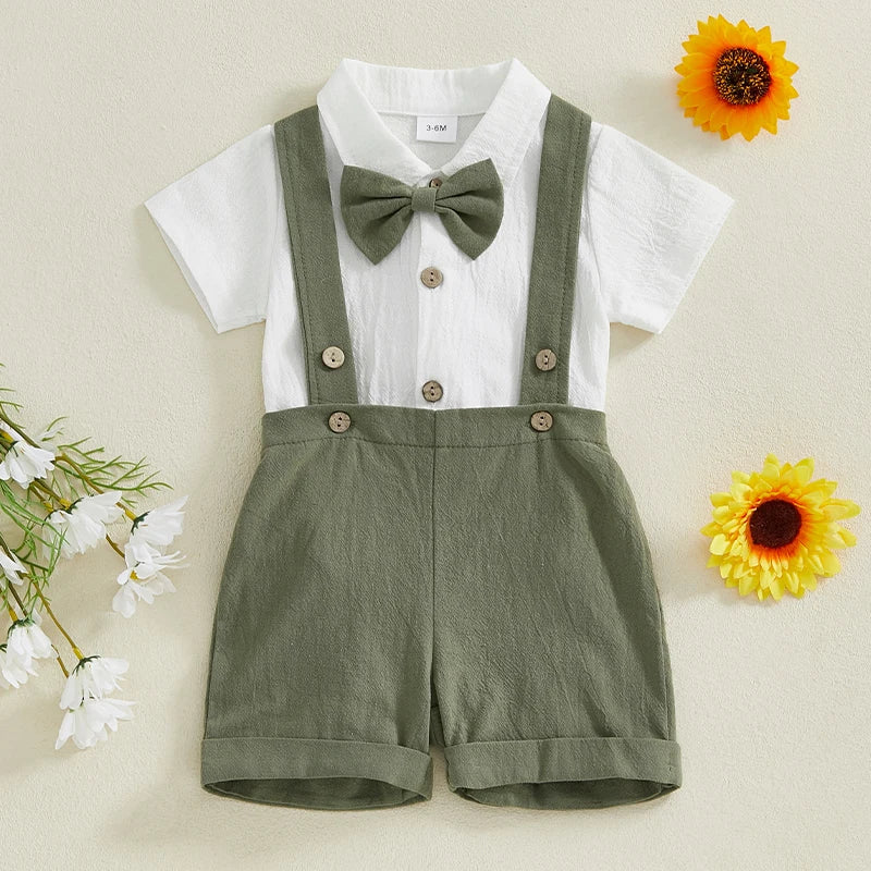 Toddler Baby Boy Gentleman Outfit Solid Color Short Sleeve Lapel Neck Romper with Suspender Shorts and Bowtie 3 Pcs Set