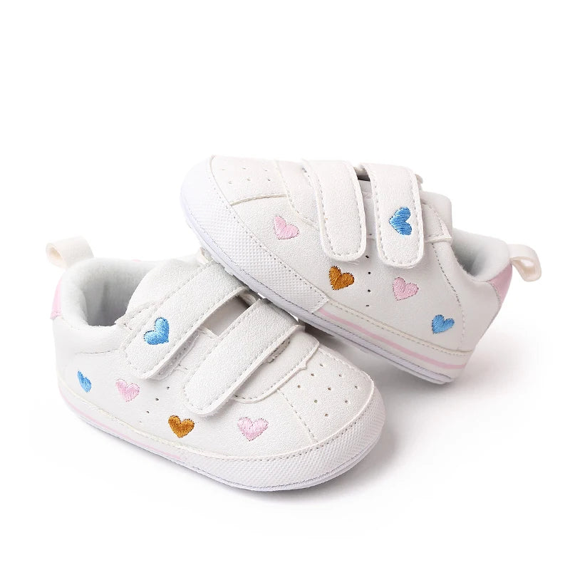 Baby White PU Sneaker Non-slip for Toddler Boys and Girls Cute Embroidery Stars and Hearts