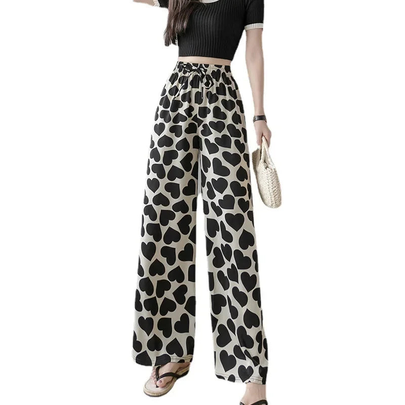 Thai Print Heart Wide Leg Pants Women Summer Thin Loose plus Size High Waist Slimming Long Trousers Casual Fashion plus Size