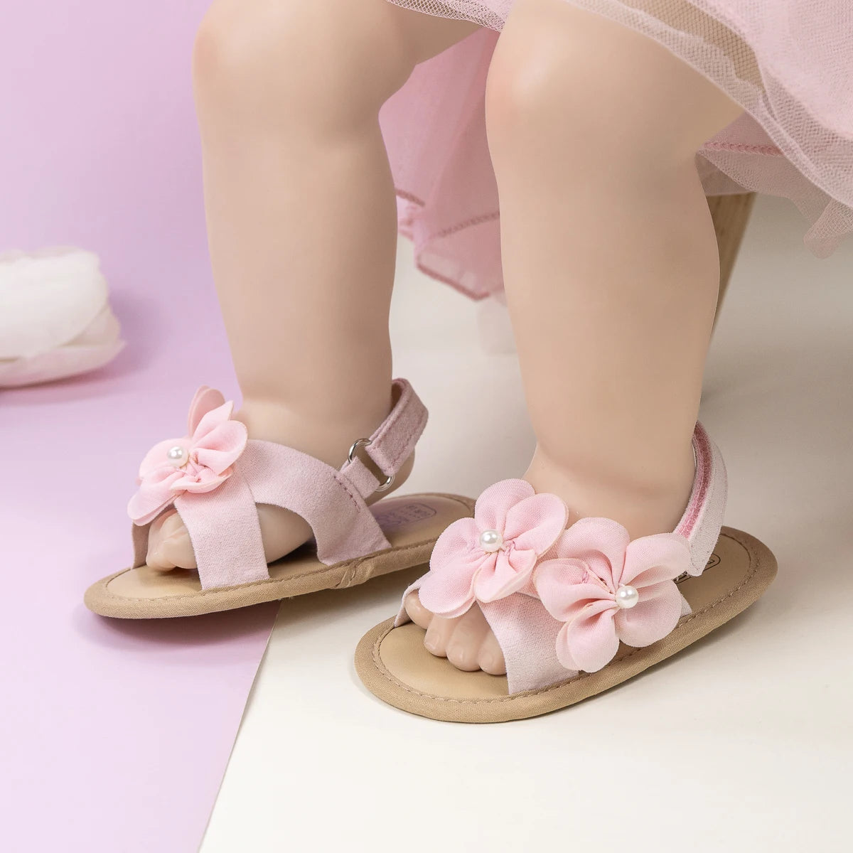 Baby Girls Shoes Flowers With Pearls Summer Cool Princess Sandals Lightweight Comfortable Soft Anti-slip Flat Sole