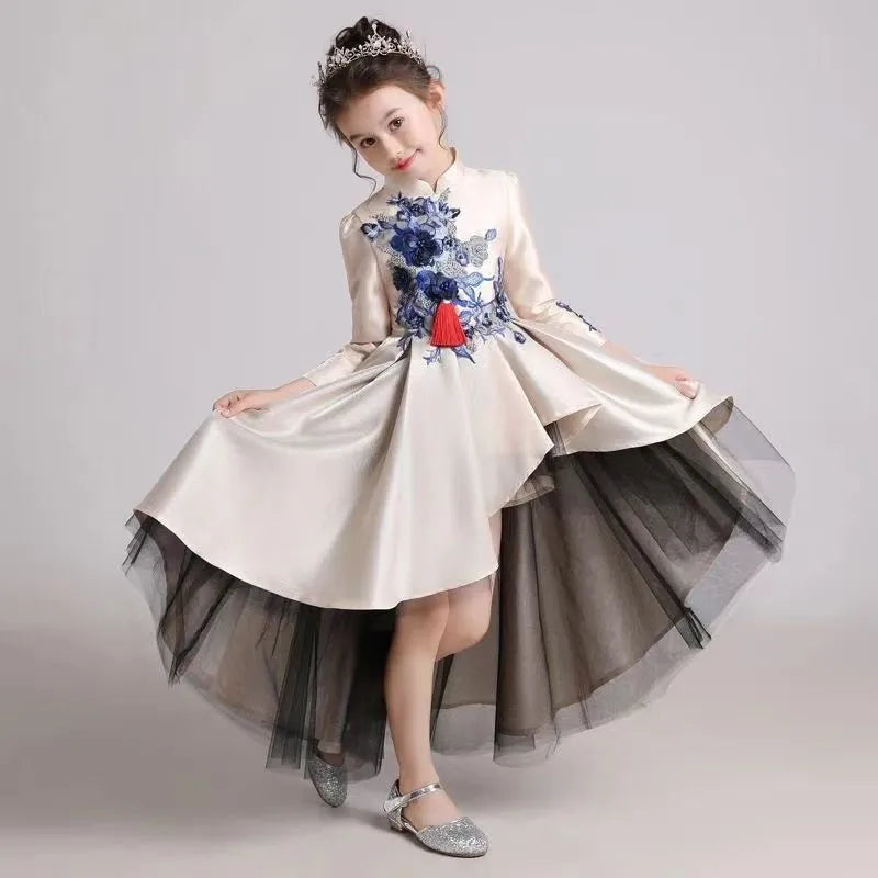 Girls' Fashion Evening Dress Children's Chinese Style Host Piano Performance Costume Dress Kids' Stand up Embroidered SkirtLI852