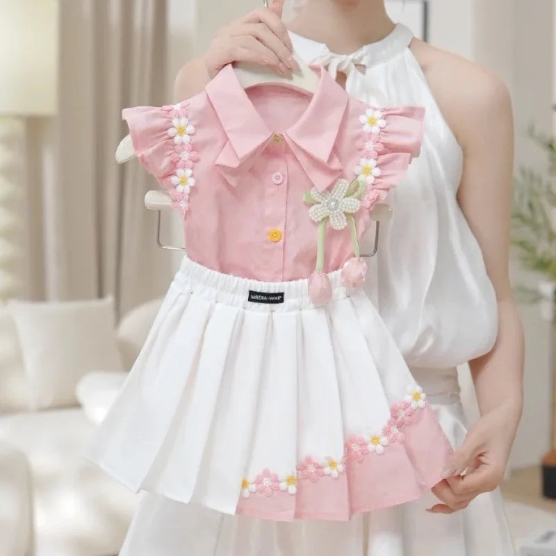 Bear Leader Summer Sweet and Cute Girl's Suit Pink 3D Decal Top+Decal Pleated Skirt 2Pcs Set Korean Fashion Children's Clothing