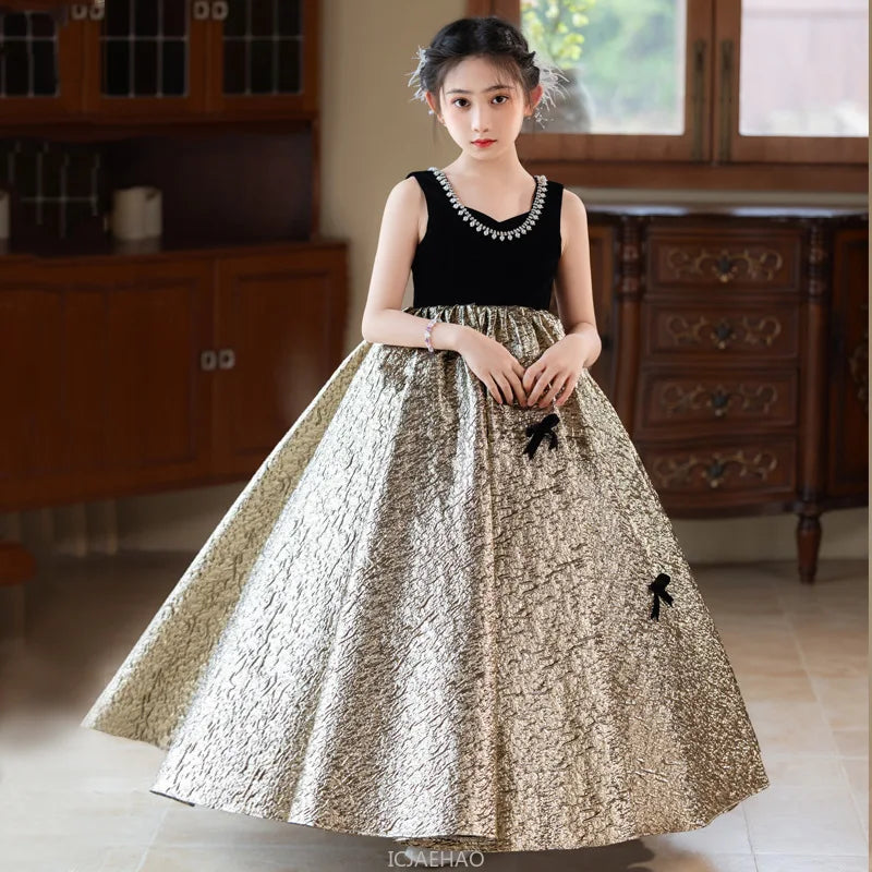 Party Dress Black Girls Evening Princess Gown Kids  Outfit Fashion Show Formal Wear Pageant Host Piano Recital Performance