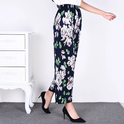 Summer Ladies Ice Silk Loose Casual Home Pants Elastic plus Size Mom Square Sports High Waist Straight Leg Length Nine Points