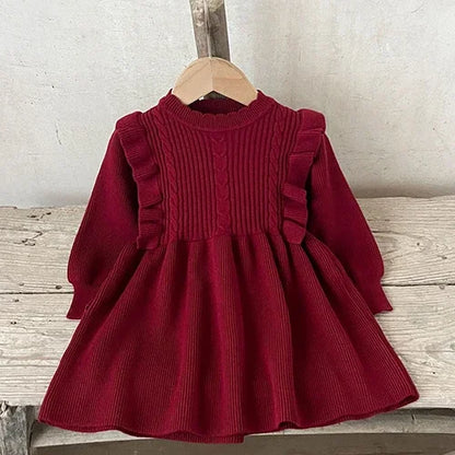2024 New Autumn Kids Princess Dresses Long Sleeved Knitted Splicing Baby Girl Knitting Party Dress Children Knitting Clothes
