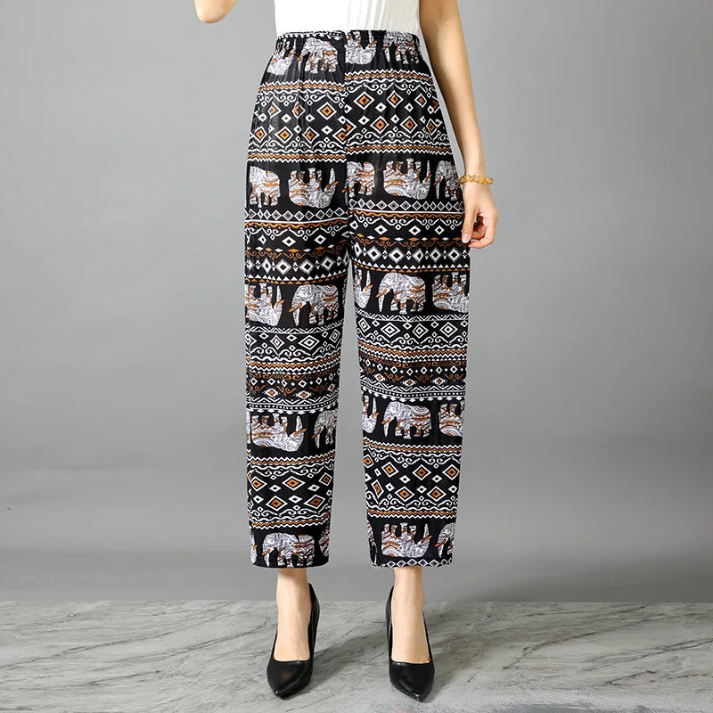 Summer Ladies Ice Silk Loose Casual Home Pants Elastic plus Size Mom Square Sports High Waist Straight Leg Length Nine Points