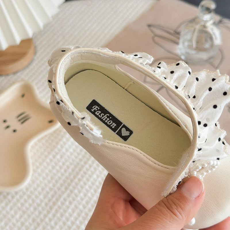 Girl's Leather Shoes Frilly Pearl Adorable Hook-loop Kids Flat Shoe Beige Brown Shallow Sweet Trendy Children Shoe 23-34