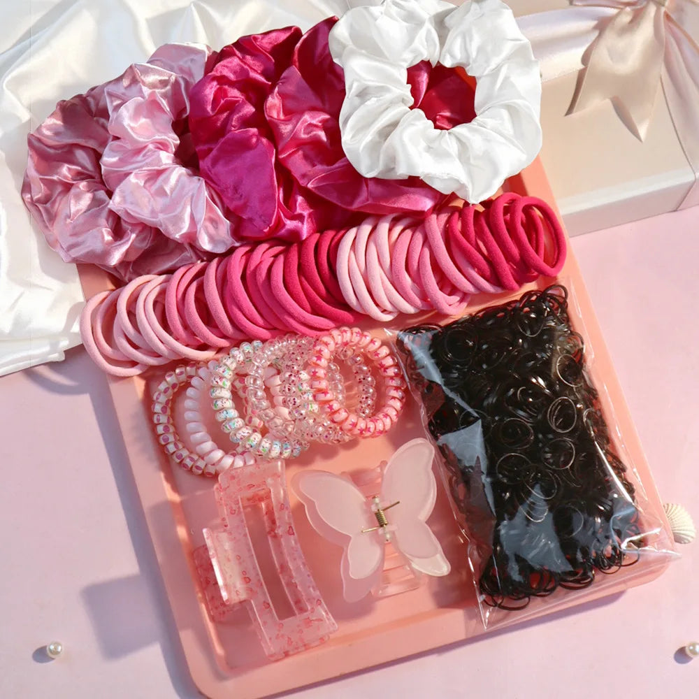 Fashionable Pink Hair Accessories Set for Women, Seamless Ponytail Holders Variety Hair Scrunchies For Women Lady 2024