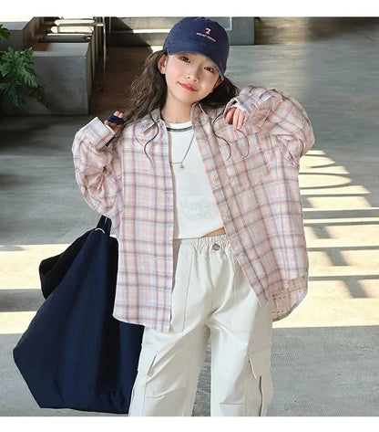 Girl's Shirt Spring and Autumn 2025 New Children's Spring Clothing Top, Stylish Thin Children's Plaid Shirt