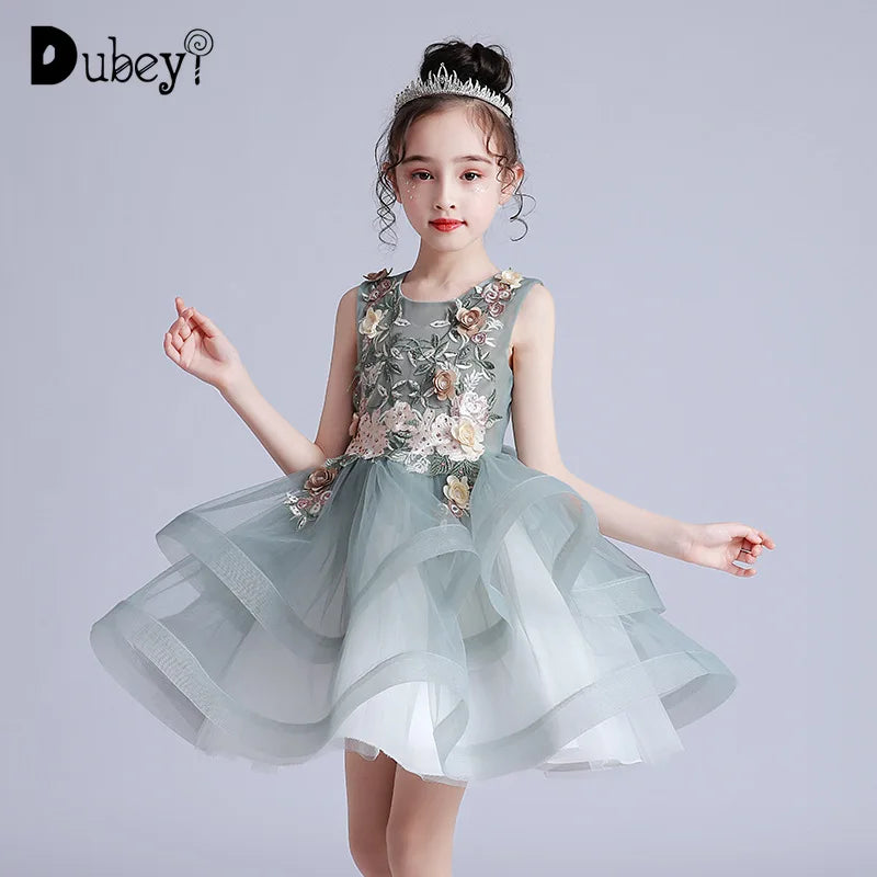 Kids Girls Layered Dress for 3-12 Years Old Elegant Flower Girl Dresses for Wedding Birthday Party Children Festival Ball Gown