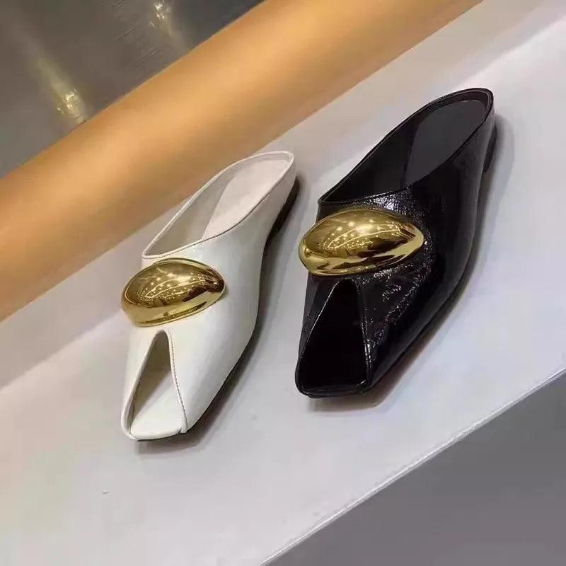 New  Elegant Temperament Metal Buckle Fish Mouth Slippers Fashionable Flat Shoes Cool Slippers Summer Trend