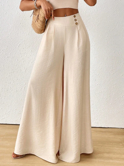 Ladies Summer Fashion Side Button Solid Color Wide Leg Pants Loose Fit Lightweight Fabric Sun Protection Cool Choice