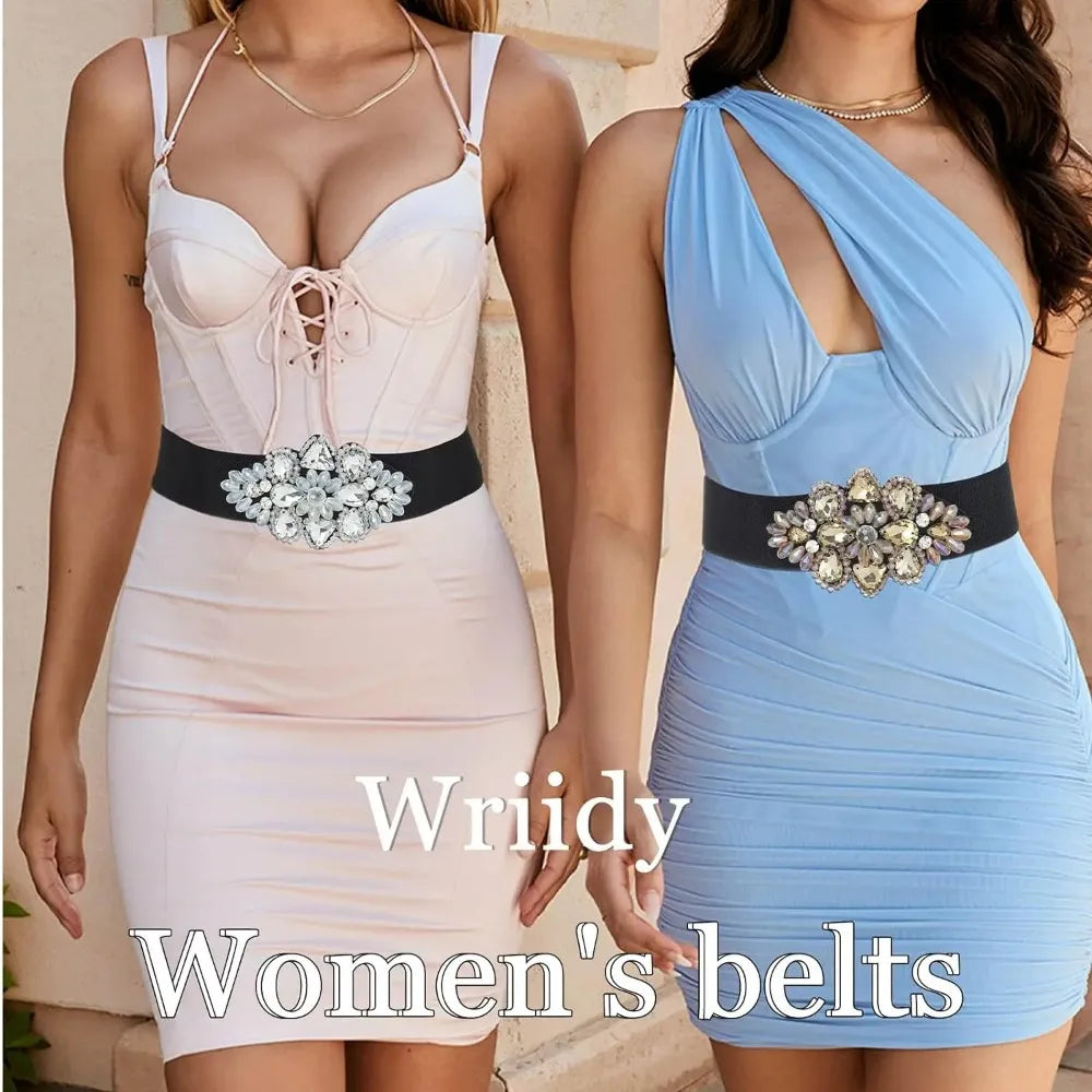 Rhinestone Elastic Belt Black Women's Stretch Belt Gold Girls Wide Crystal Flower Waist Jewelry Accessories for Dress