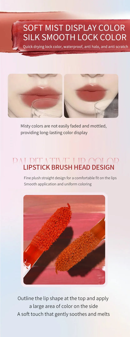 PEACHWHO Ruby Velvet Foggy Lip Glaze Matte Lip Stain Moisturizing Longlasting Waterproof Natural Smooth Silky Lipstick Cosmetics