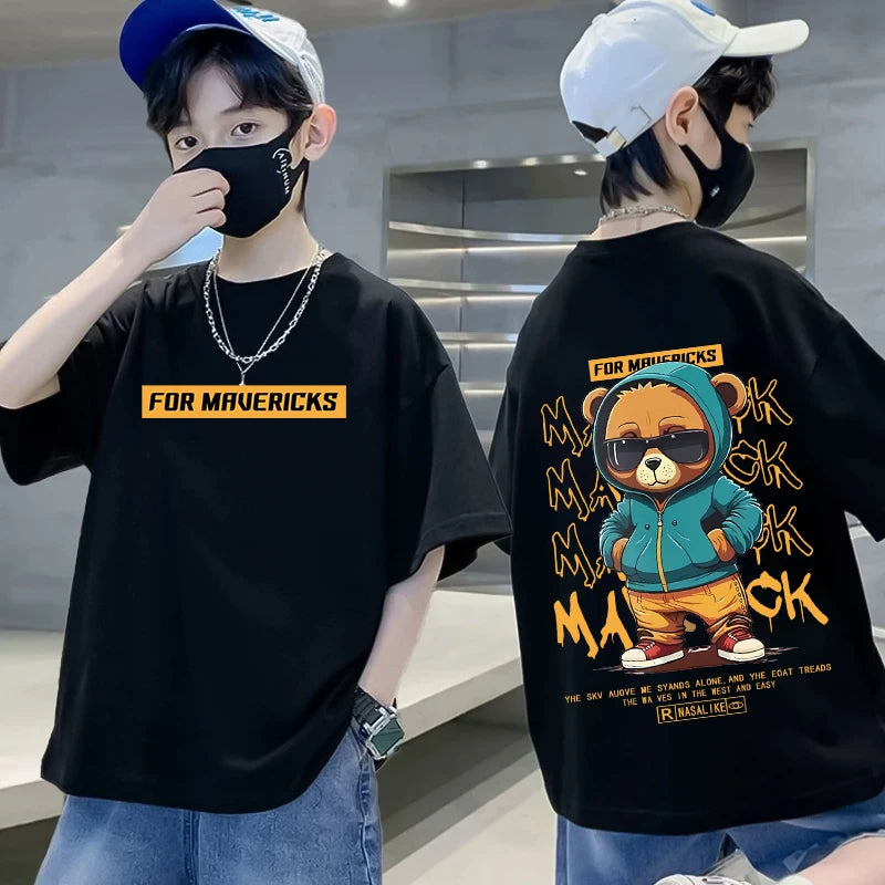 Summer 100% Cotton Boys Blue T-shirt Cool Graffiti Printed Girls Tees Short Sleeve Children Tops High Quality Kids Clothes