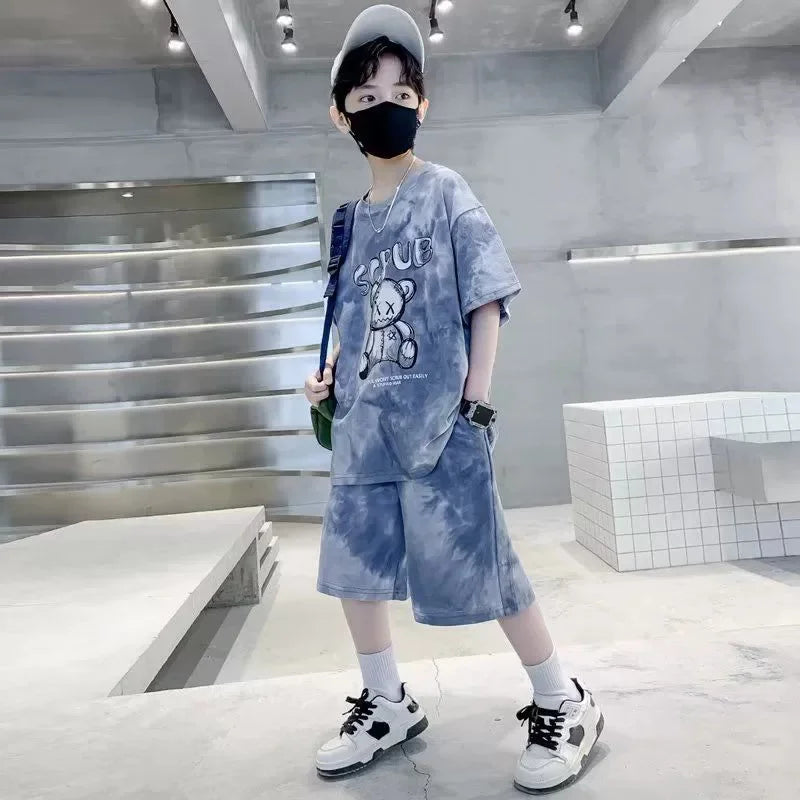 Boys Sports Suit Summer Cartoon Sets New Children's Short-Sleeved T-Shirt Shorts  Kids Fashion Loose Clothes Outfit