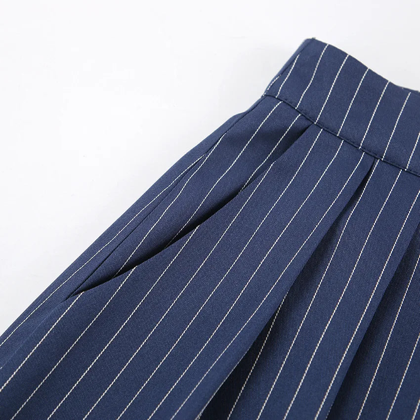 High Waisted Straight Leg Wide Leg Pants For Women's Clothing  Autumn/Winter New Navy Striped Fashionable Casual Pants