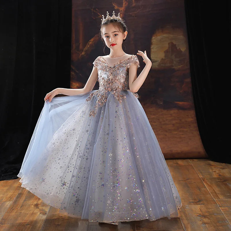 Evening Gown Girls Princess Puffy Tulle Piano Performance Outfit Flower Wedding Dress Children's High-End Host Clothing