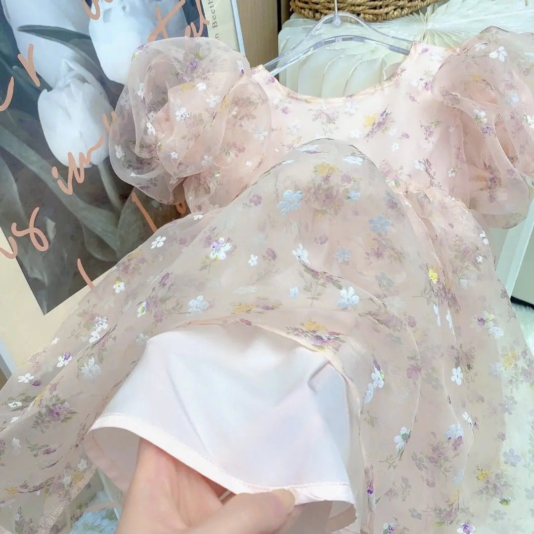 Girls Flower Sweet Gentle Pink Princess Skirt Childrens Ball Gown Puff Sleeve Dress