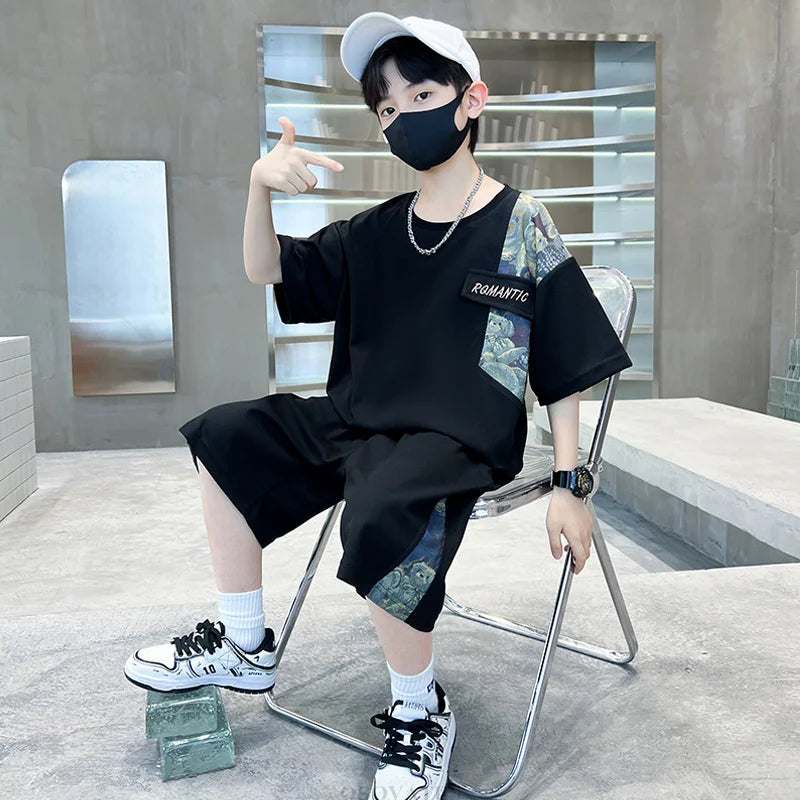 Boys Summer Suit Kids Short Sleeve T-Shirt Sports Casual Outfits for Teenage Boy Clothing Sets With Cartoon Bear