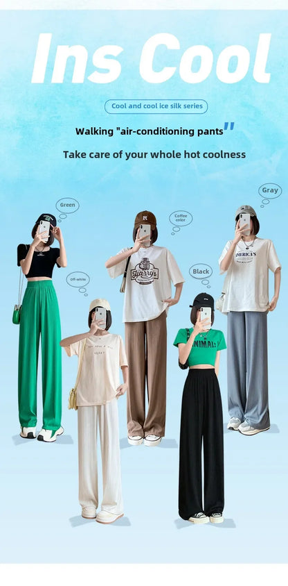 Korea Dongdaemun Ice Silk Wide-leg Pants Women's Thin Slimming Floor Pants White Striped Pants Y2K Fashion Pants Baggy