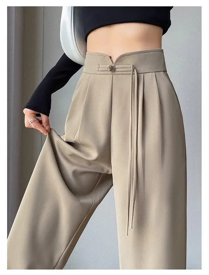 New Chinese Style High Waist Buttoned Suit Pants Women's Spring Summer Casual Wide Leg Pants Versatile Slimming Design