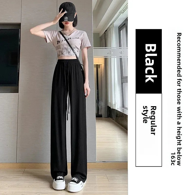 Ice Silk Wide Leg Pants Women's Summer Thin Narrow Version 145 Small Size Drape Straight High Waist Stripe Casual Trousers 150