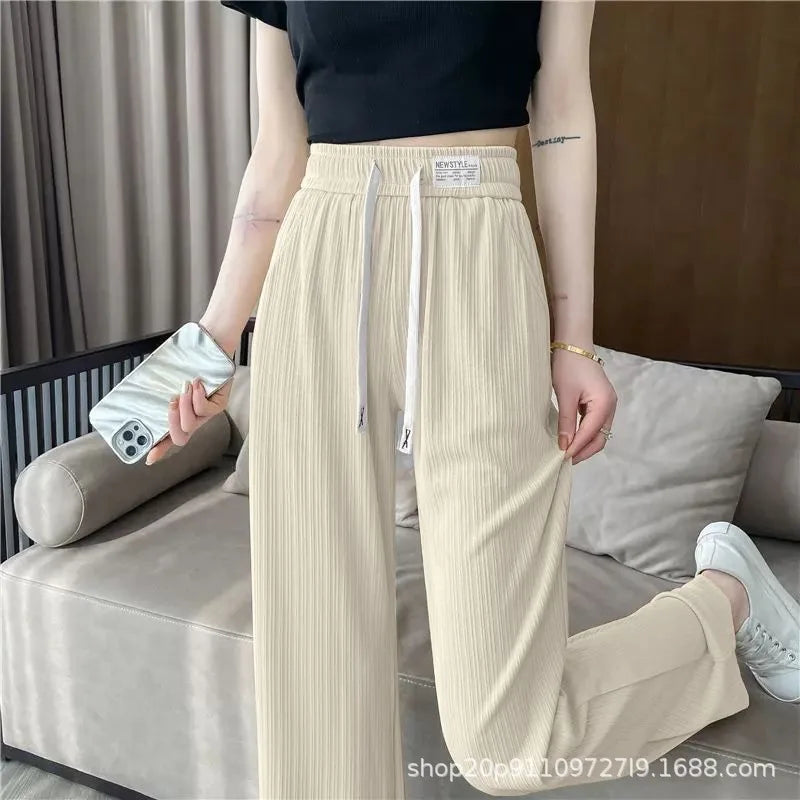Ice Silk Wide Leg Pants Women's Spring Summer Autumn Thin High Waist Loose Straight Casual Long Trousers Comfortable Polyeste...