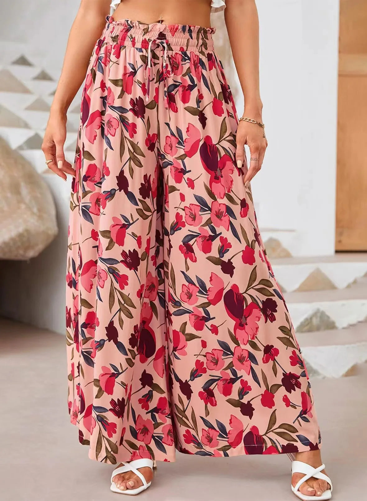 Pant Women Wide Leg Long Pants Print Floral Elastic Waist Straight Trousers  Streetwear Elegant Maxi Capris Loose Summer