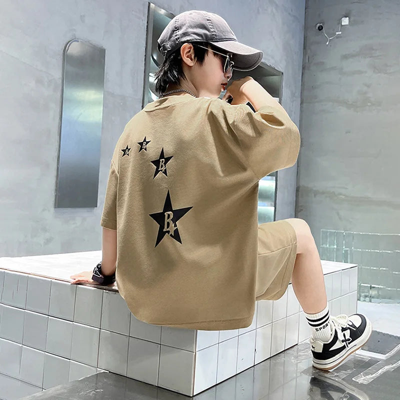 New Summer Teenager Boys Clothing Set Cotton Letter Short Sleeve T-shirt Shorts  Years Kids Tracksuits Child Cloth