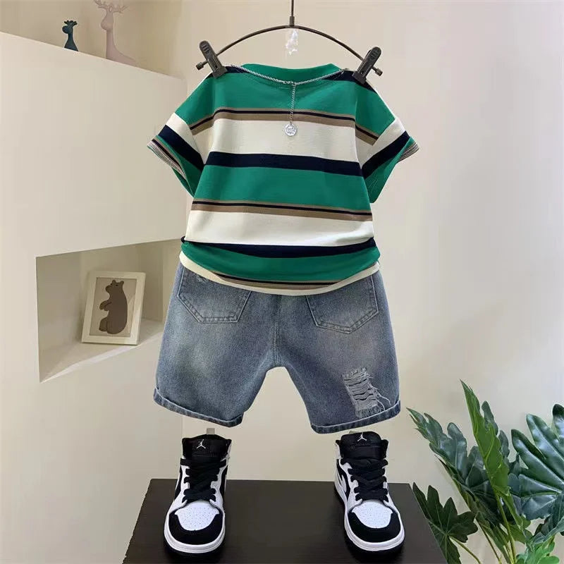Boys Summer  New Boutique Design Outfits Cotton Set Baby Boys Short Sleeve Shirt Jeans Shorts 2pcs Clothing Children 6 7 8Y