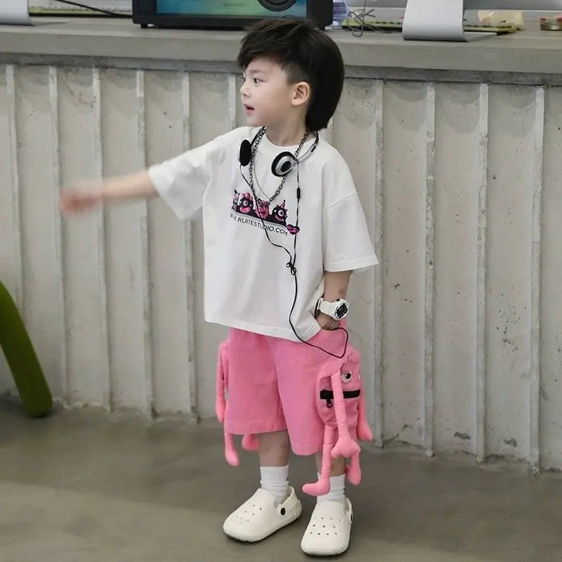 Korean Kids Clothes Boys' Summer Female Child Clothes Children's Printed Cotton Short Sleeved T-shirt Shorts 2piece Sports Set