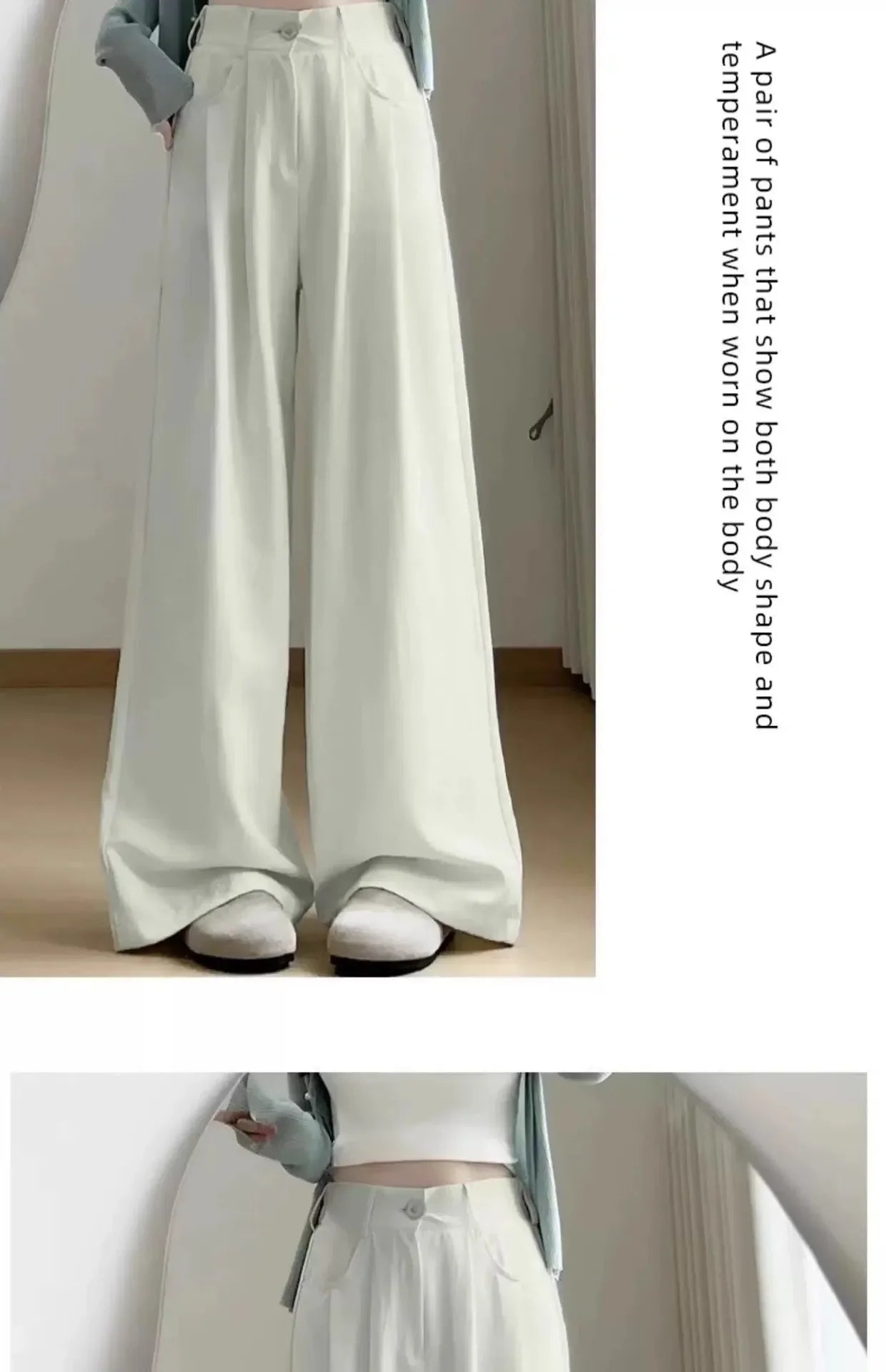 Ice Silk Drapey Wide Leg Pants Women's Summer Thin New Style Beige Color Nine Points Long Trousers Comfortable Fit Female Pants