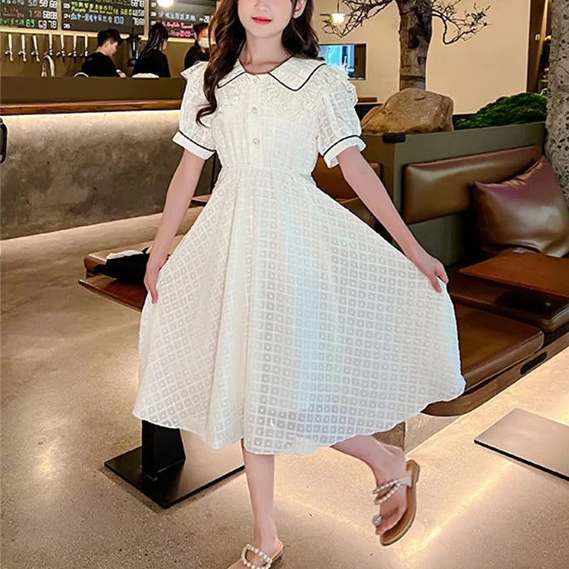 Children's Fashion Preppy Style Sailor Collar Loose Casual Robe Girls' Short Sleeve Sweet Bow Dress Children's Dresses