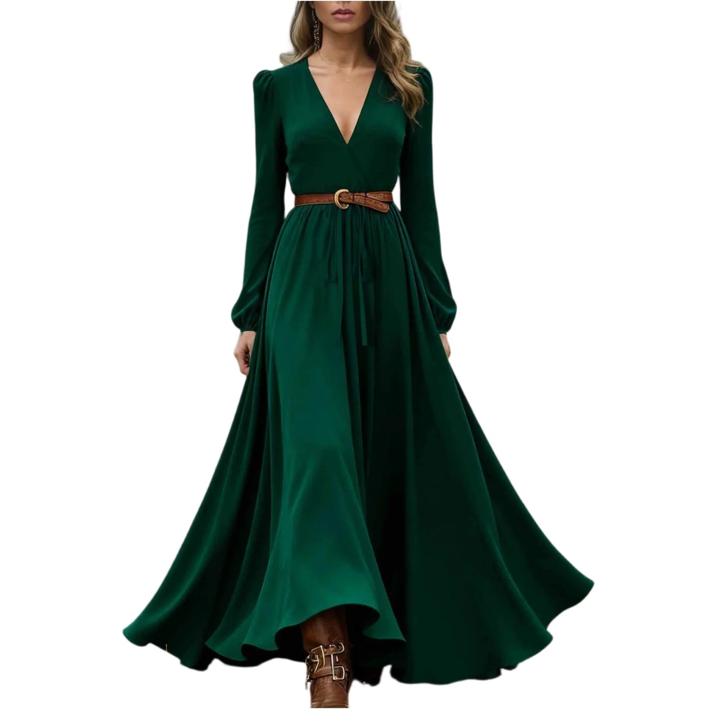 Women's Spring Autumn Retro Western Style V-neck Long Sleeve Dress Fashion Casual Long Dresses Elegant Party Dresses(no belt)