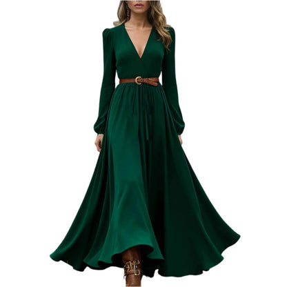 Women's Spring Autumn Retro Western Style V-neck Long Sleeve Dress Fashion Casual Long Dresses Elegant Party Dresses(no belt)